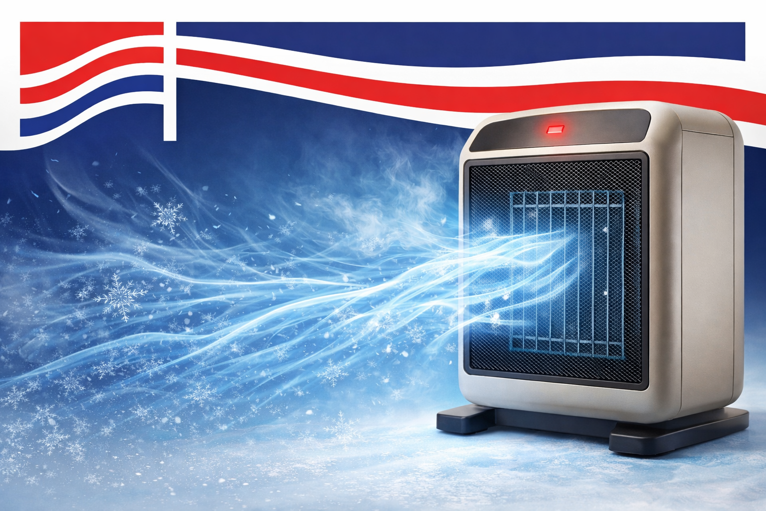 Space heater blowing icy blue air with snowflakes against a red, white, and blue background.